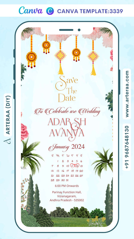 Save the Date Canva Editable video Template in english language with flowers, calendar as traditional theme design 3339