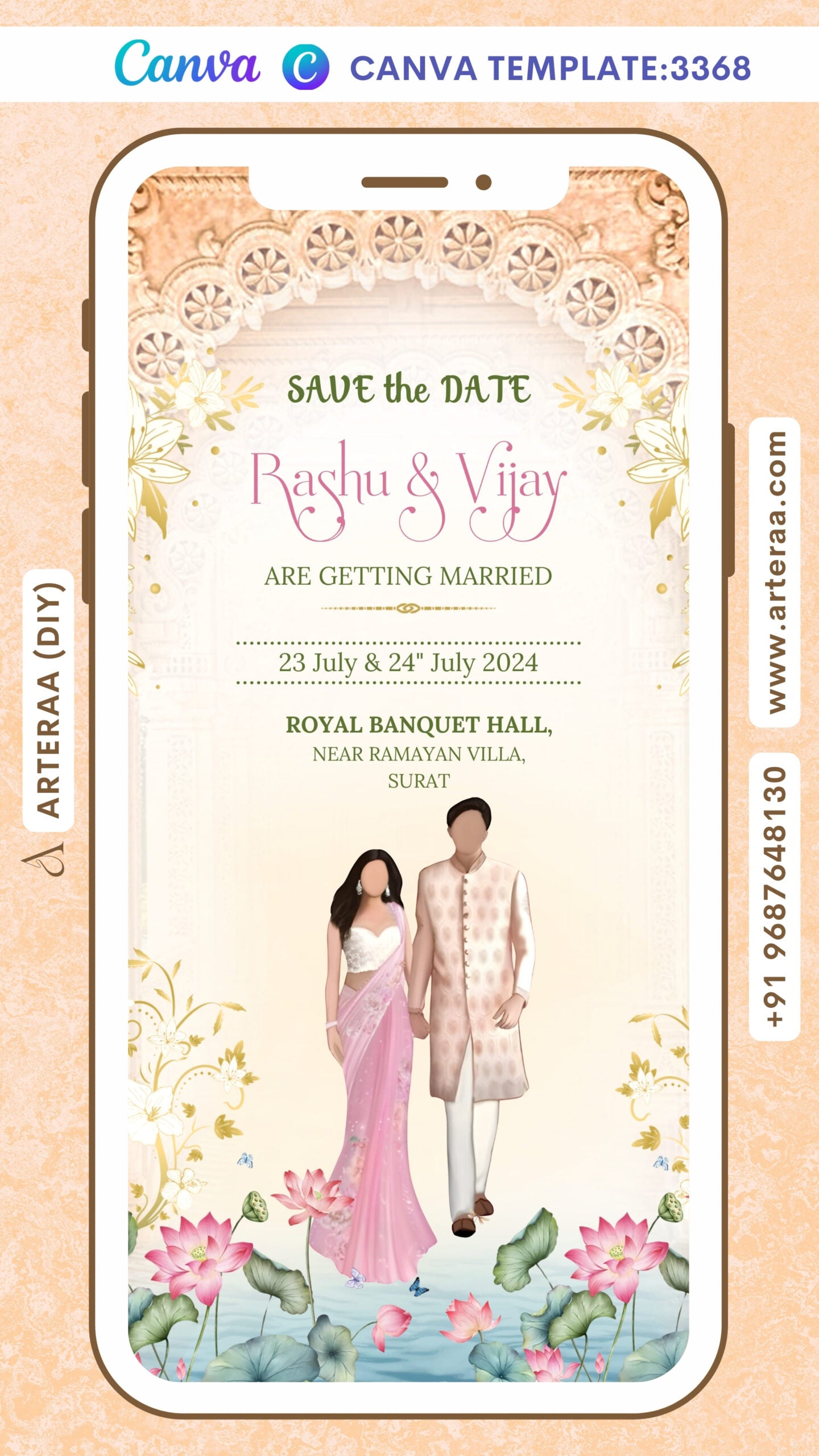 Save the Date Canva Editable video Template in english language with lotus, arch as traditional theme design 3368