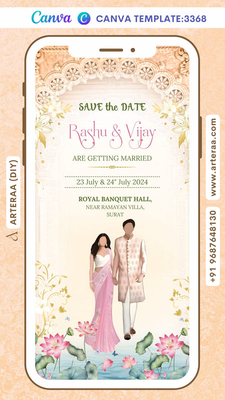 Save the Date Canva Editable video Template in english language with lotus, arch as traditional theme design 3368