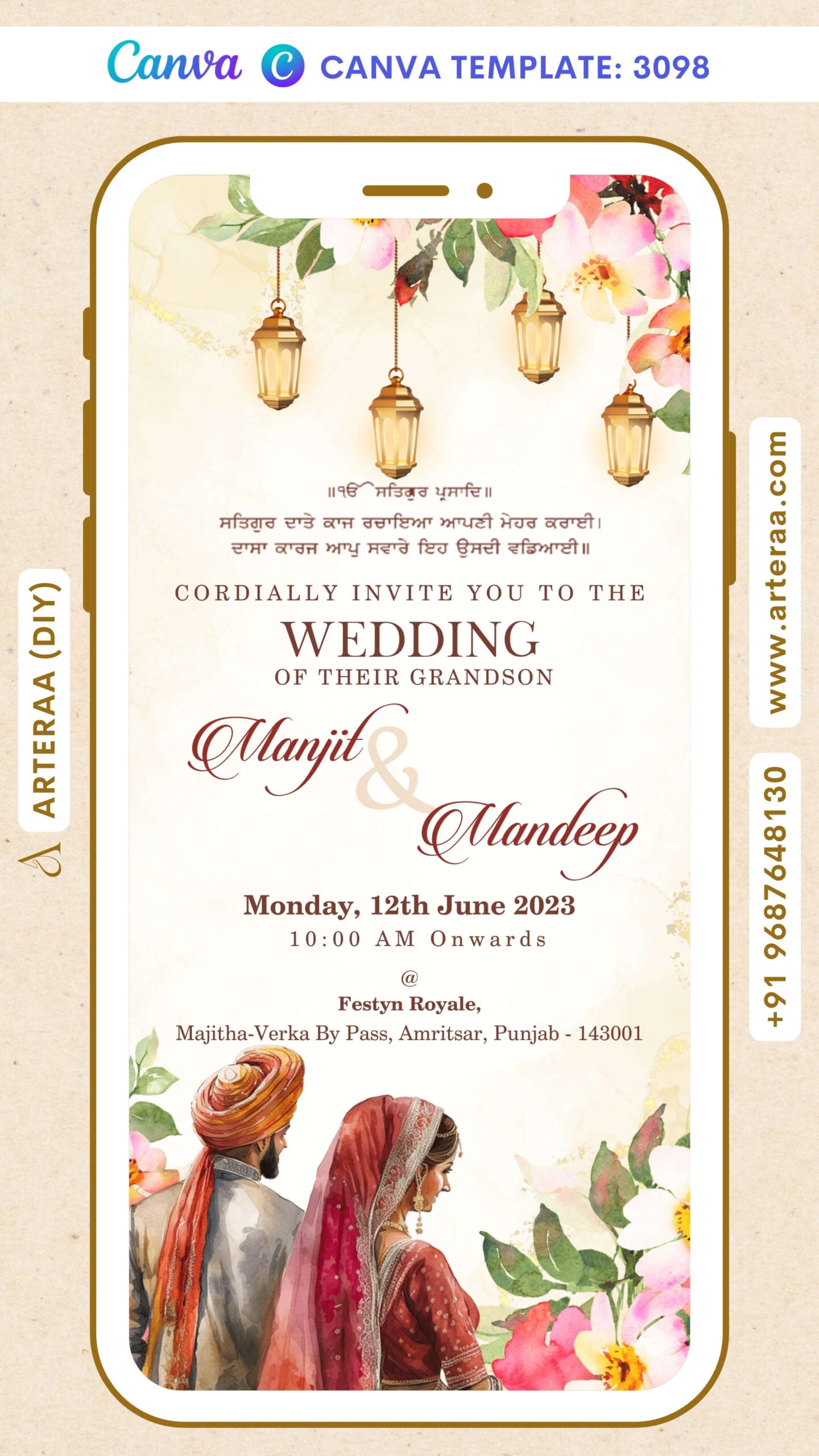 Wedding ceremony invitation Canva Editable video Template of hindu punjabi sikh family in English language with floral theme design 3098