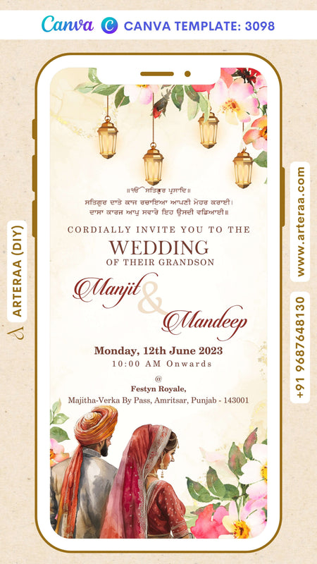 Wedding ceremony invitation Canva Editable video Template of hindu punjabi sikh family in English language with floral theme design 3098