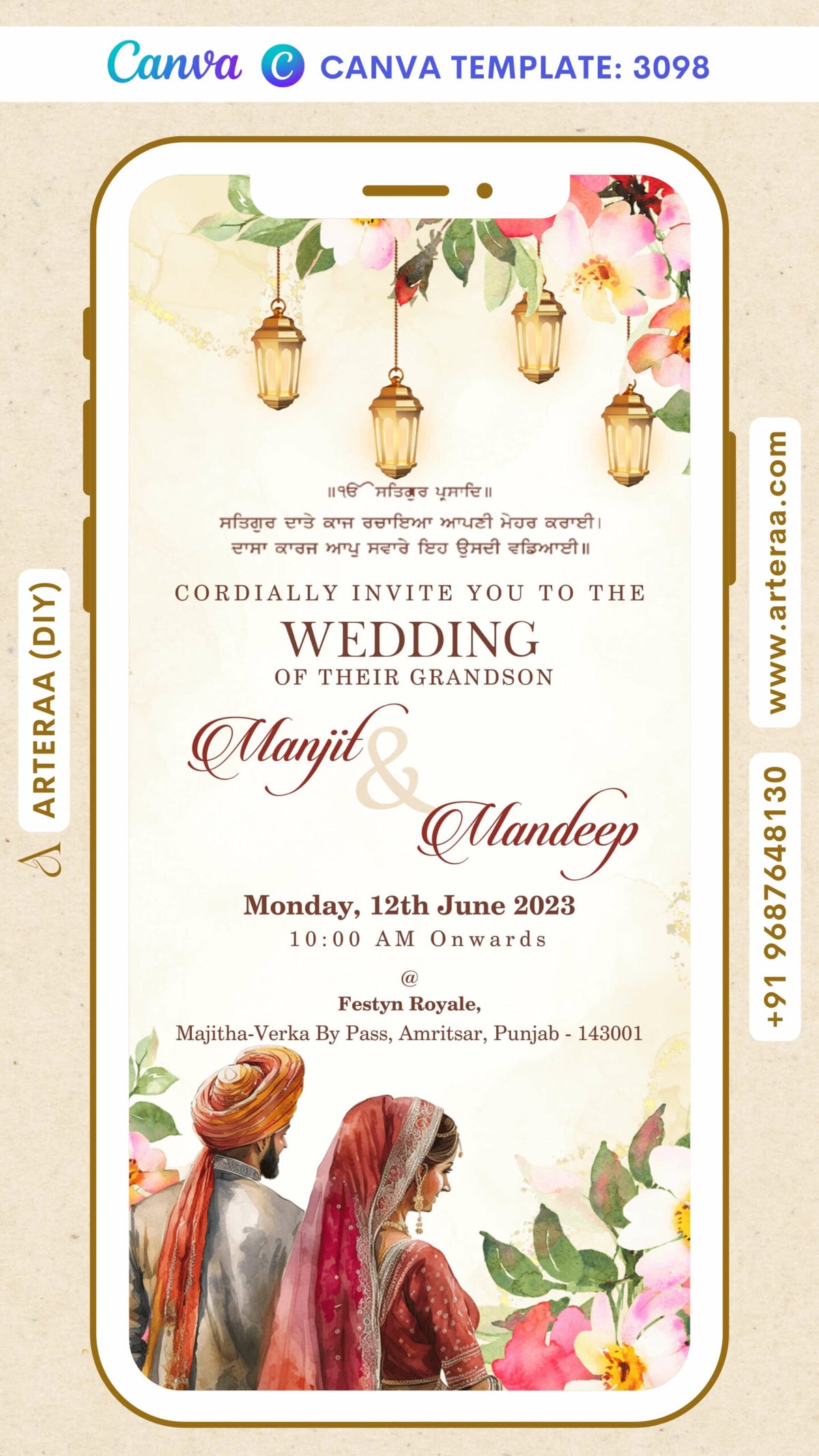 Wedding ceremony invitation card by canva of hindu punjabi sikh family in English language with floral theme Canva Editable Template design 3098