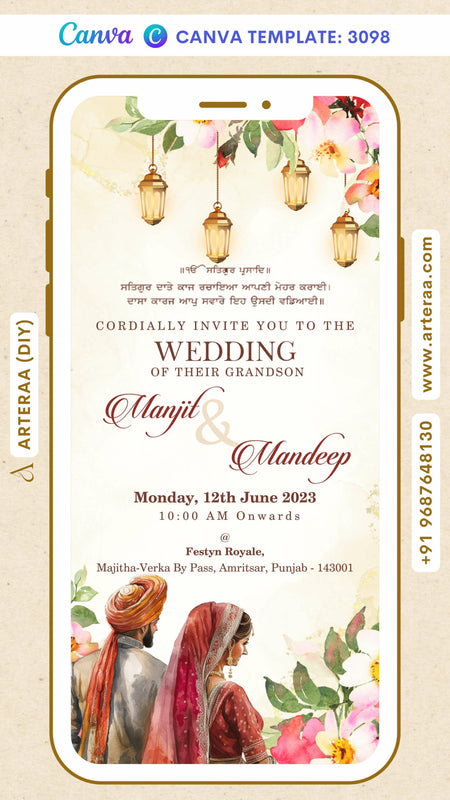 Wedding ceremony invitation card by canva of hindu punjabi sikh family in English language with floral theme Canva Editable Template design 3098
