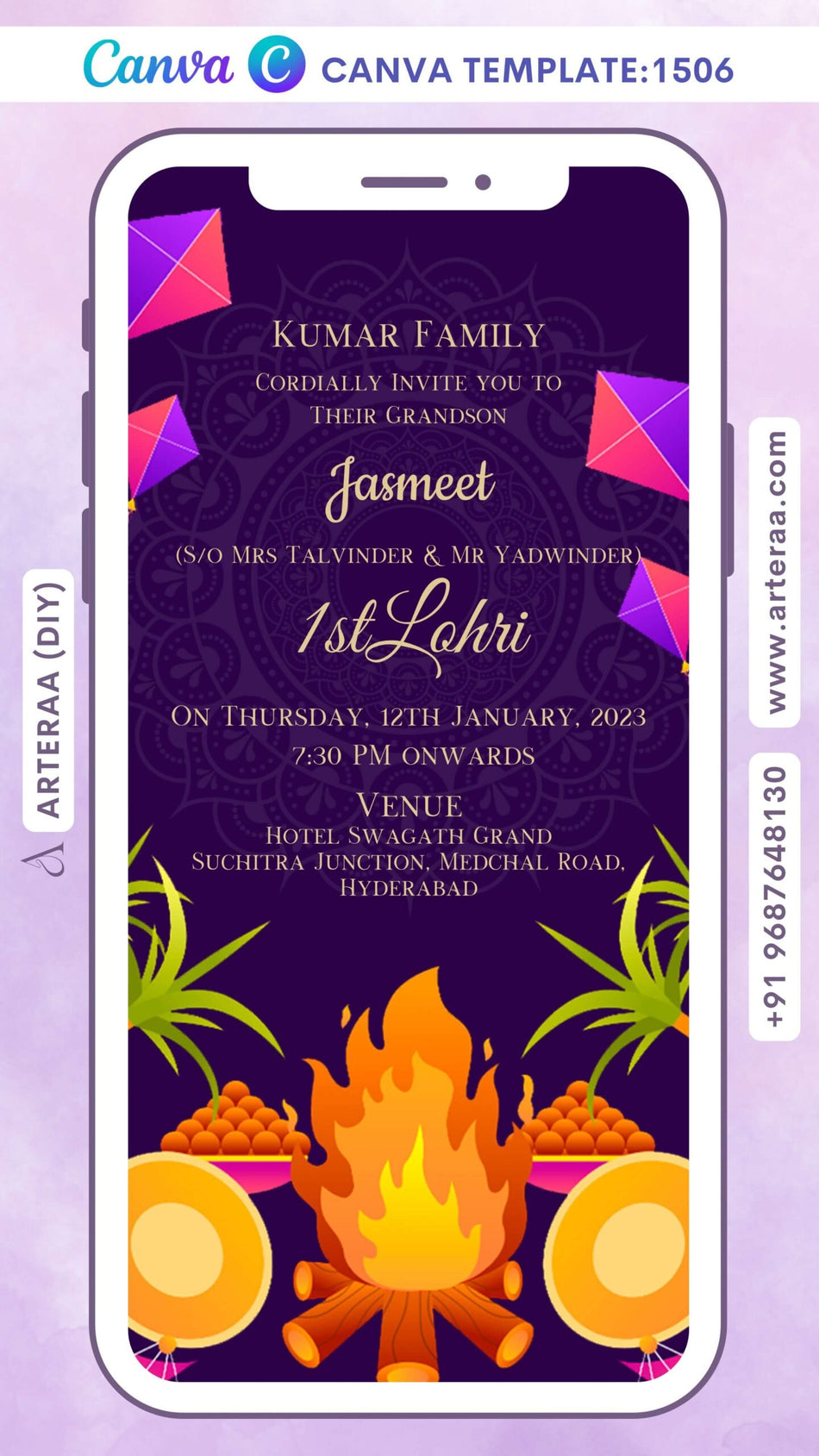 Lohri invitation Canva Editable video Template in english language with kite, tabla, leaves, mandala, bonfire as mandala theme design 1506
