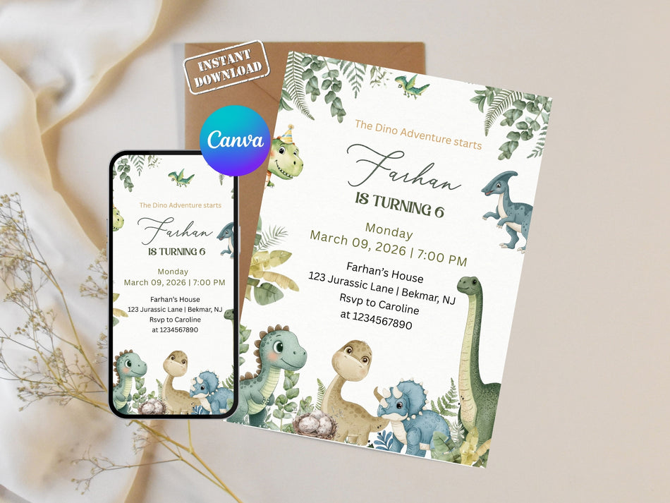 Dino Party Invite, Dinosaur Birthday Invitation Template, Boy 6th Birthday, Editable Canva Invitation, Instant Download A 1118