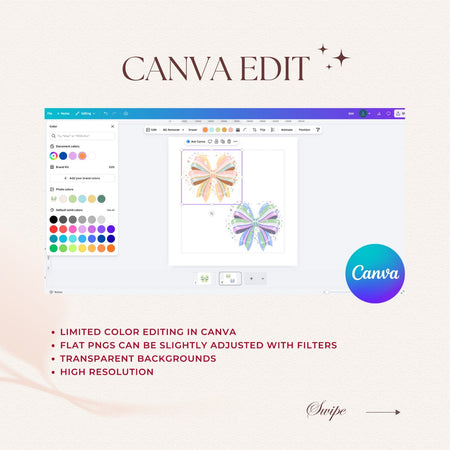 Canva editing software interface with butterfly design and color palette on a light background.