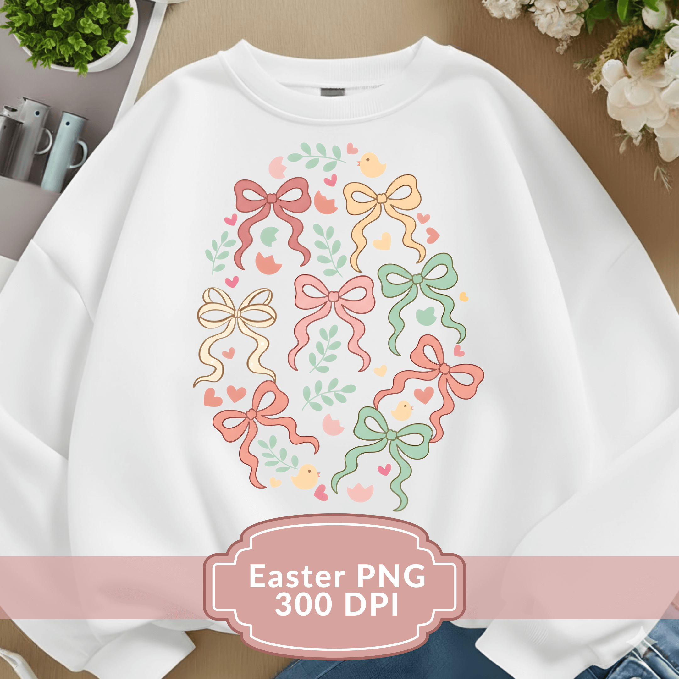 White sweatshirt with colorful bow design on a neutral background