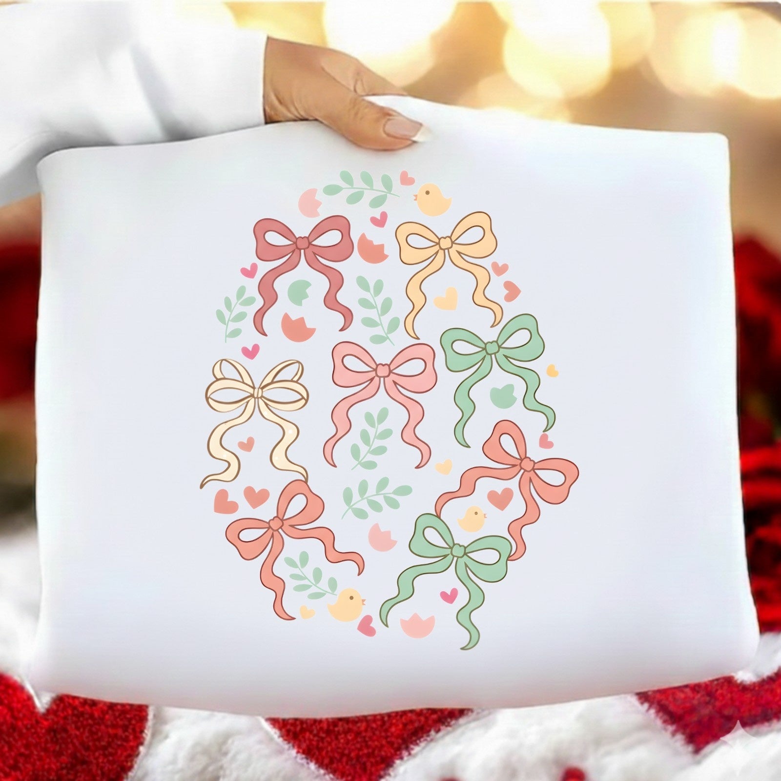 White pillow with colorful bow design held by a person against a blurred festive background