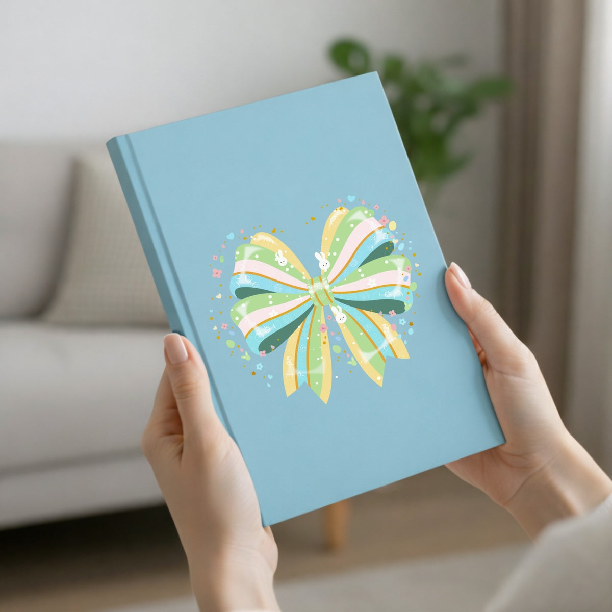 Light blue notebook with a colorful bow design held by hands in a home setting.