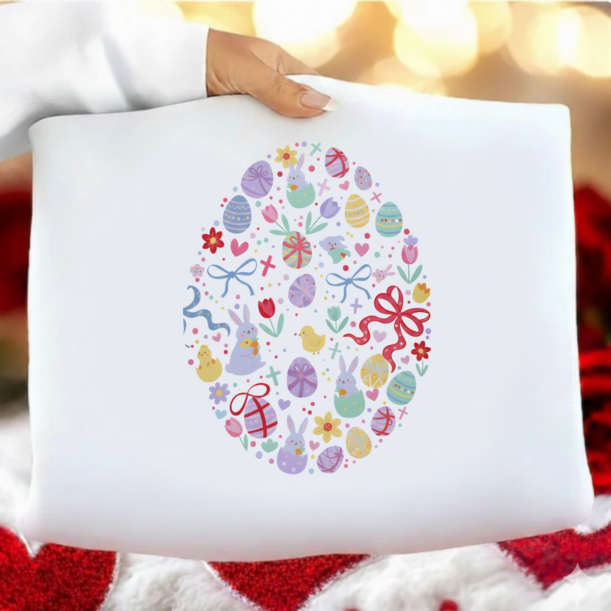 White pillow with Easter-themed design held by a person against a blurred background