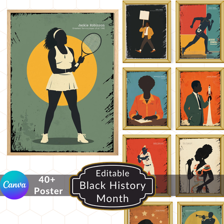 Collection of framed posters celebrating Black History Month with various figures and activities.