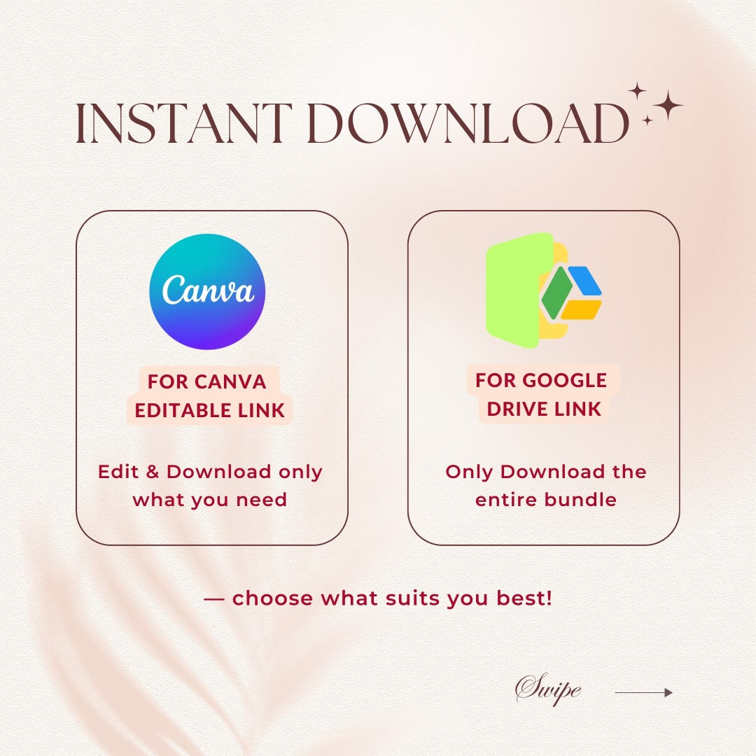 Instructions for instant download options with Canva and Google Drive logos on a light pink background.