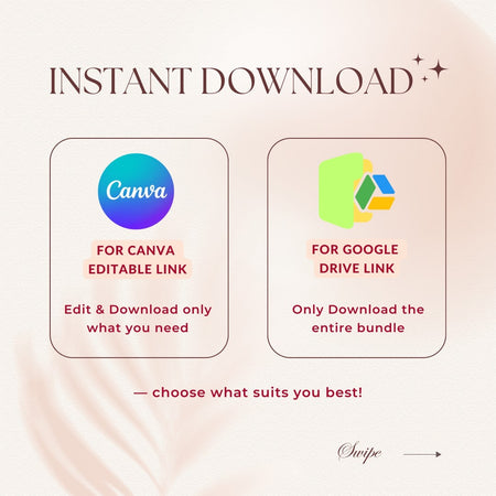 Instructions for instant download options with Canva and Google Drive logos on a light pink background.