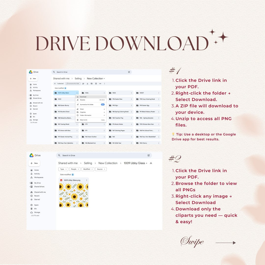 Instructions for downloading files from Google Drive on a digital device with a pink background.