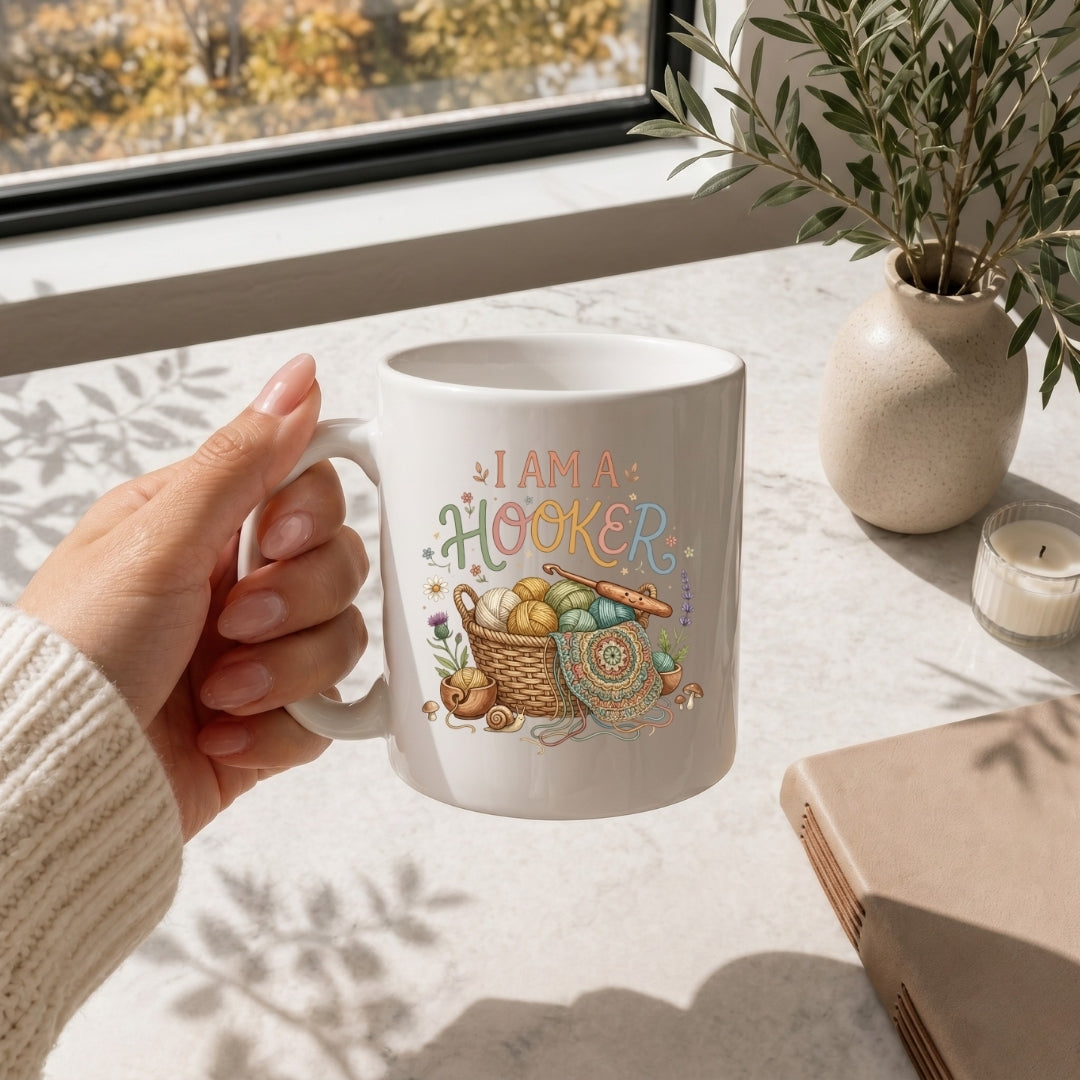 Person holding a mug with 'I am a Hooker' design on a table with a window and plant in the background