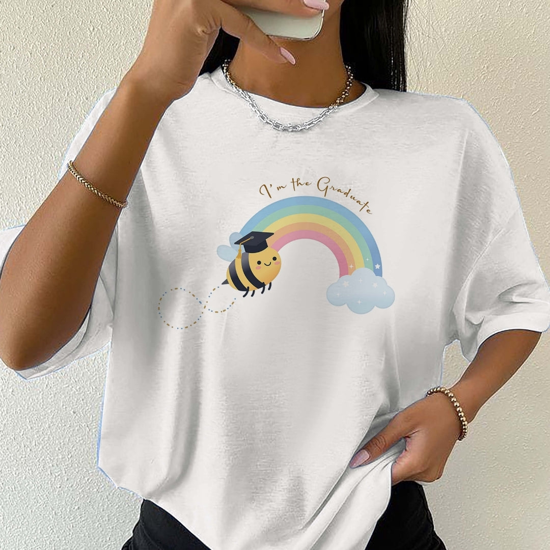 Person wearing a white t-shirt with a bee and rainbow graphic, text 'I'm the Graduate'.