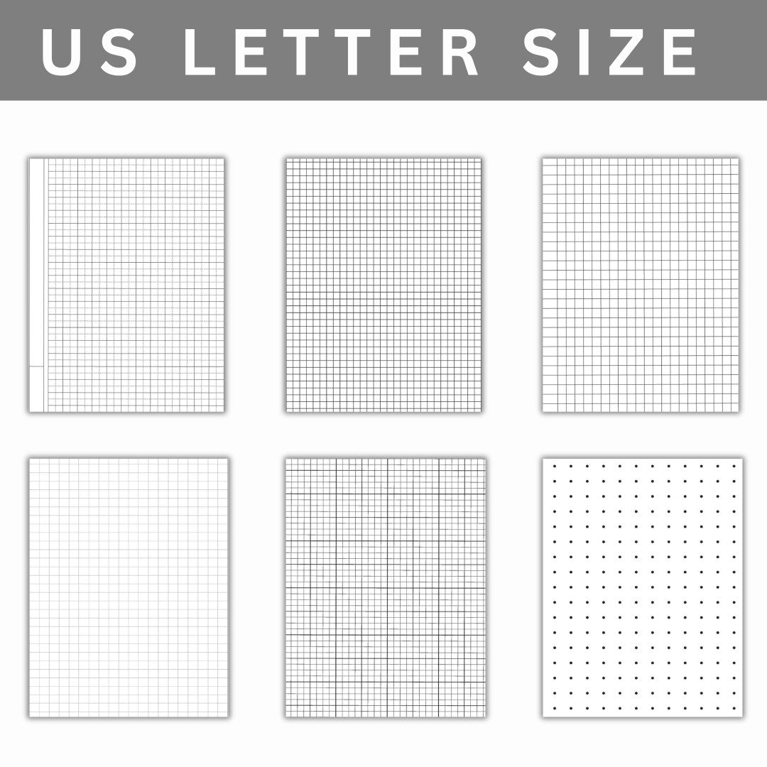 Set of US Letter size grid paper with different patterns on a white background.