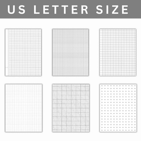 Set of US Letter size grid paper with different patterns on a white background.