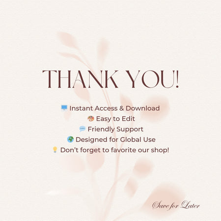 E-commerce shop thank you graphic template detailing customer support, instant download access, and a reminder to favorite the shop.