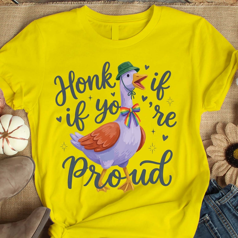 Honk If You’re Proud PNG, Pride Goose Shirt Design, Funny LGBT Goose Graphic, Rainbow Bow Duck Clipart, LGBTQ Sublimation Digital Download A1657