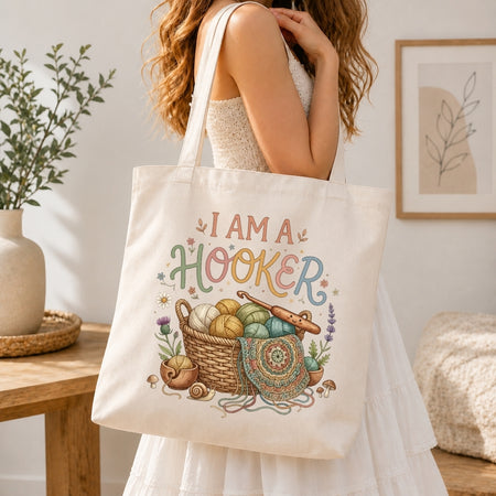 Person holding a tote bag with 'I AM A HOOKER' design in a home setting.
