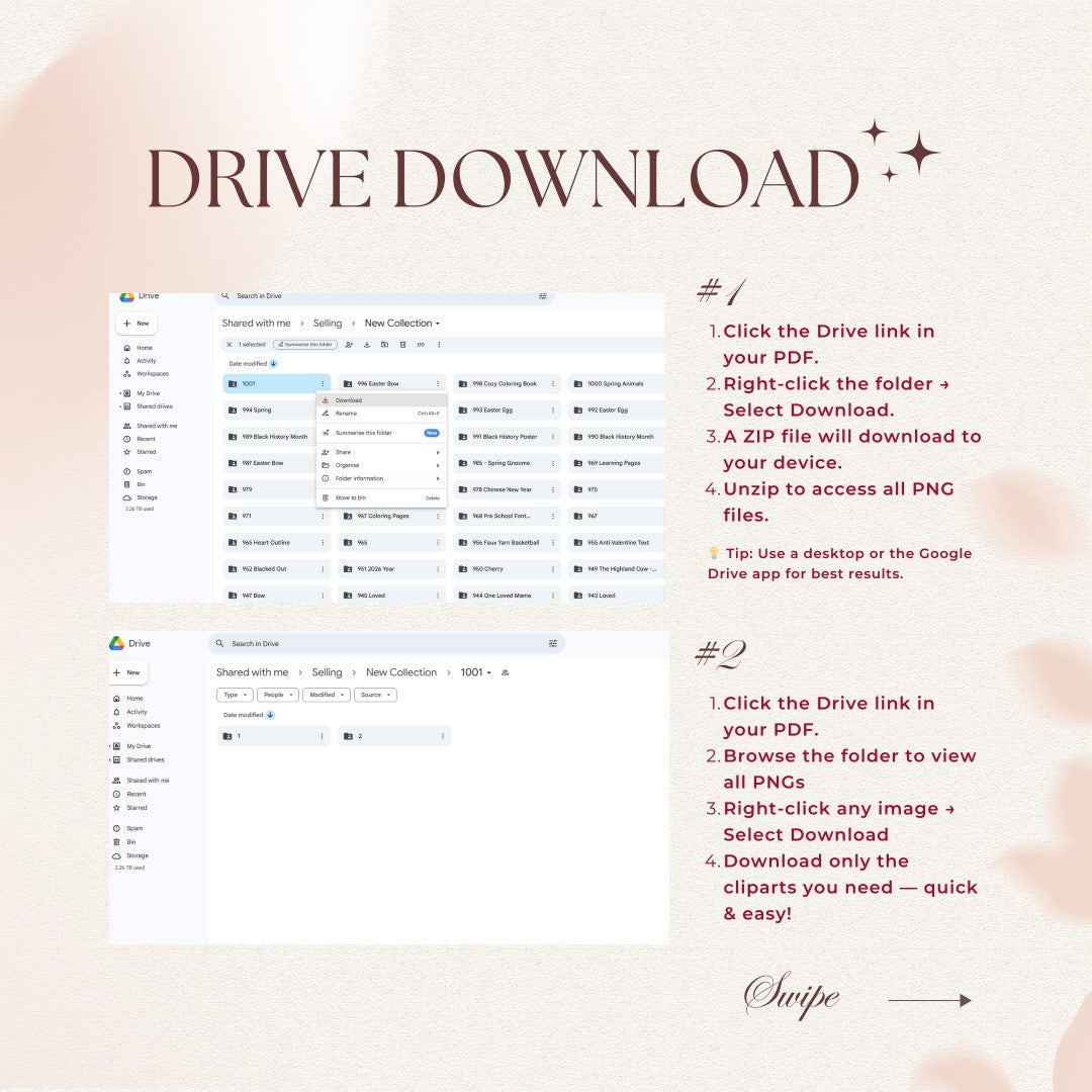 Instructions for downloading images from a PDF using Google Drive on a light pink background.