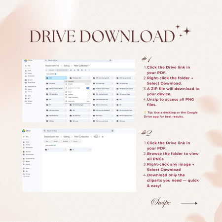 Instructions for downloading images from a PDF using Google Drive on a light pink background.