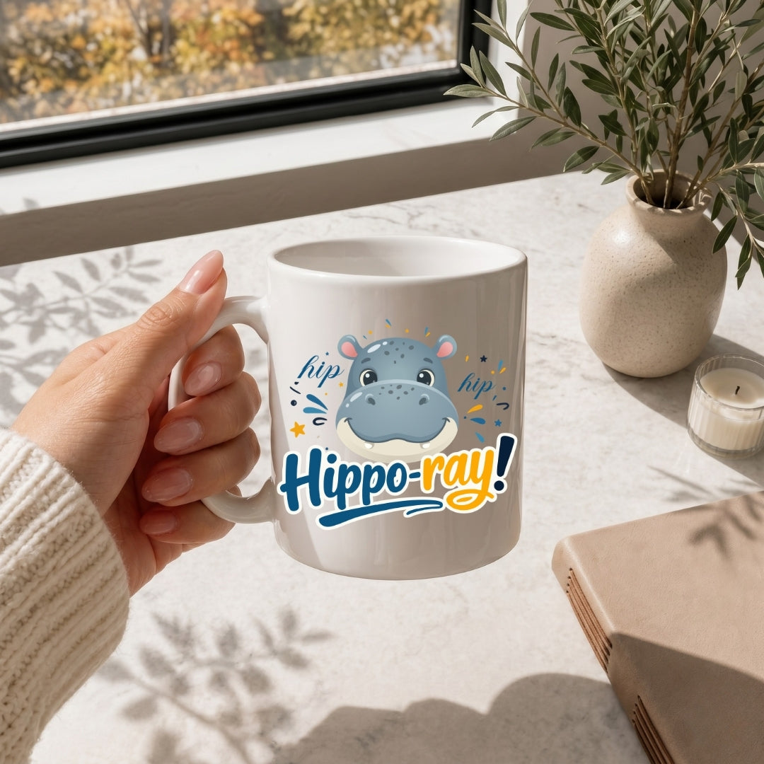 Person holding a mug with a hippo design and 'Hippo-ray!' text on a table with a window and plant in the background.