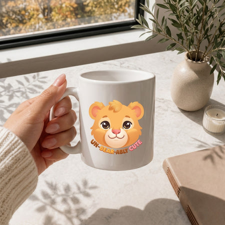 White mug with a lion design held by a hand on a table with a notebook and plant.