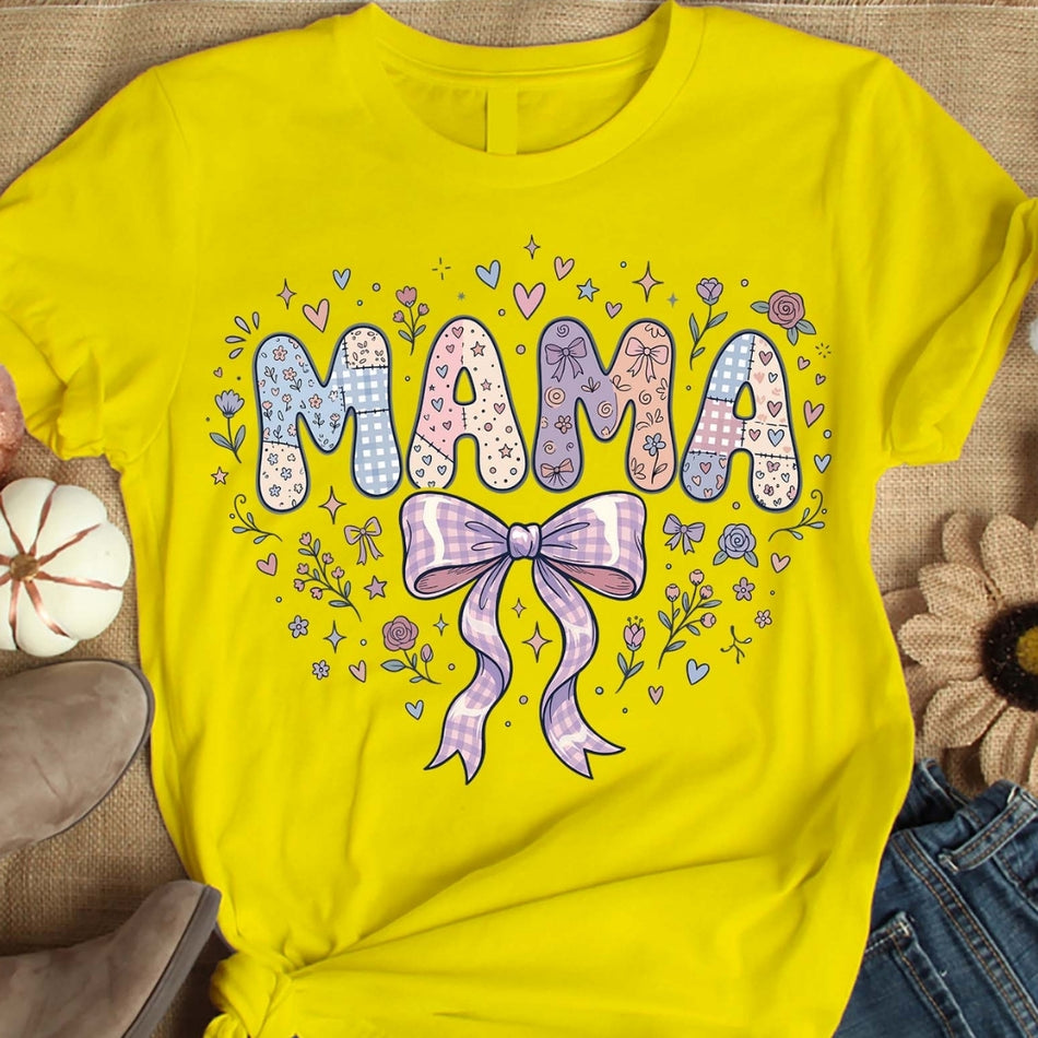Mama Coquette Bow PNG, Floral Patchwork Sublimation Design, Retro Mom Shirt Graphic (Digital Download) A 1580