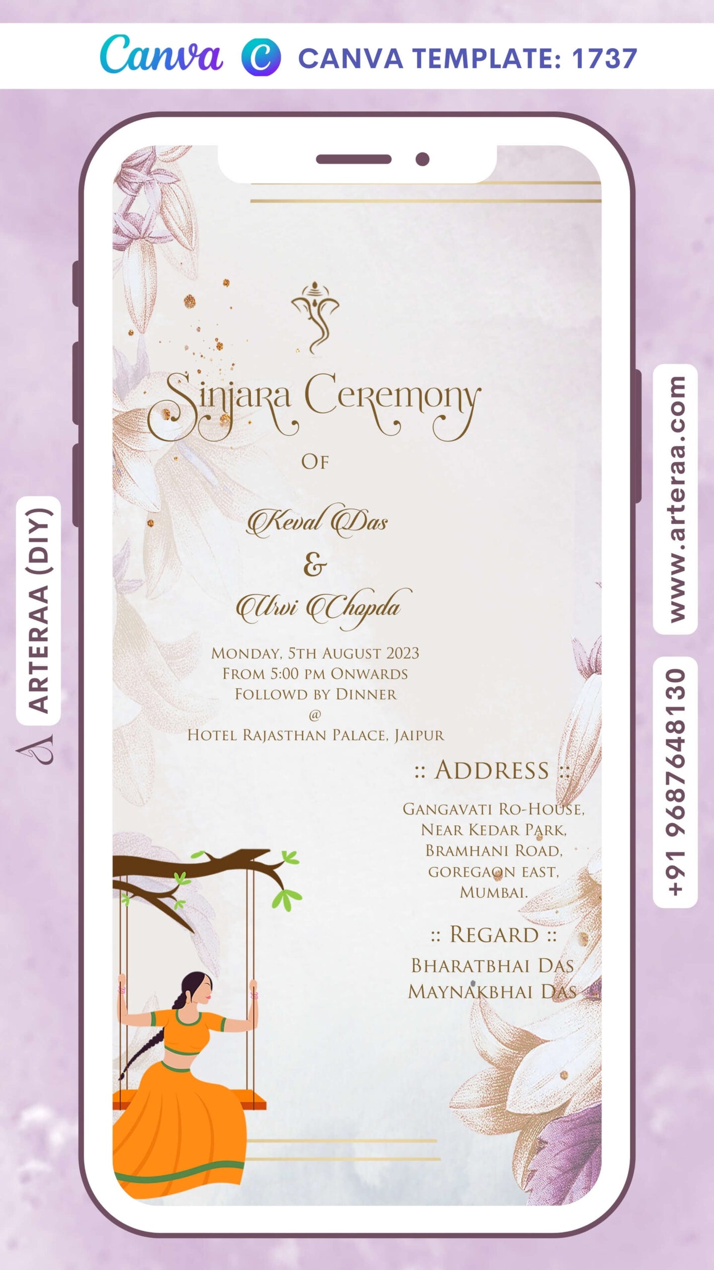 Sinjara ceremony invitation card Canva Editable Template in english language with girl doodle, leaves as floral theme design 1737