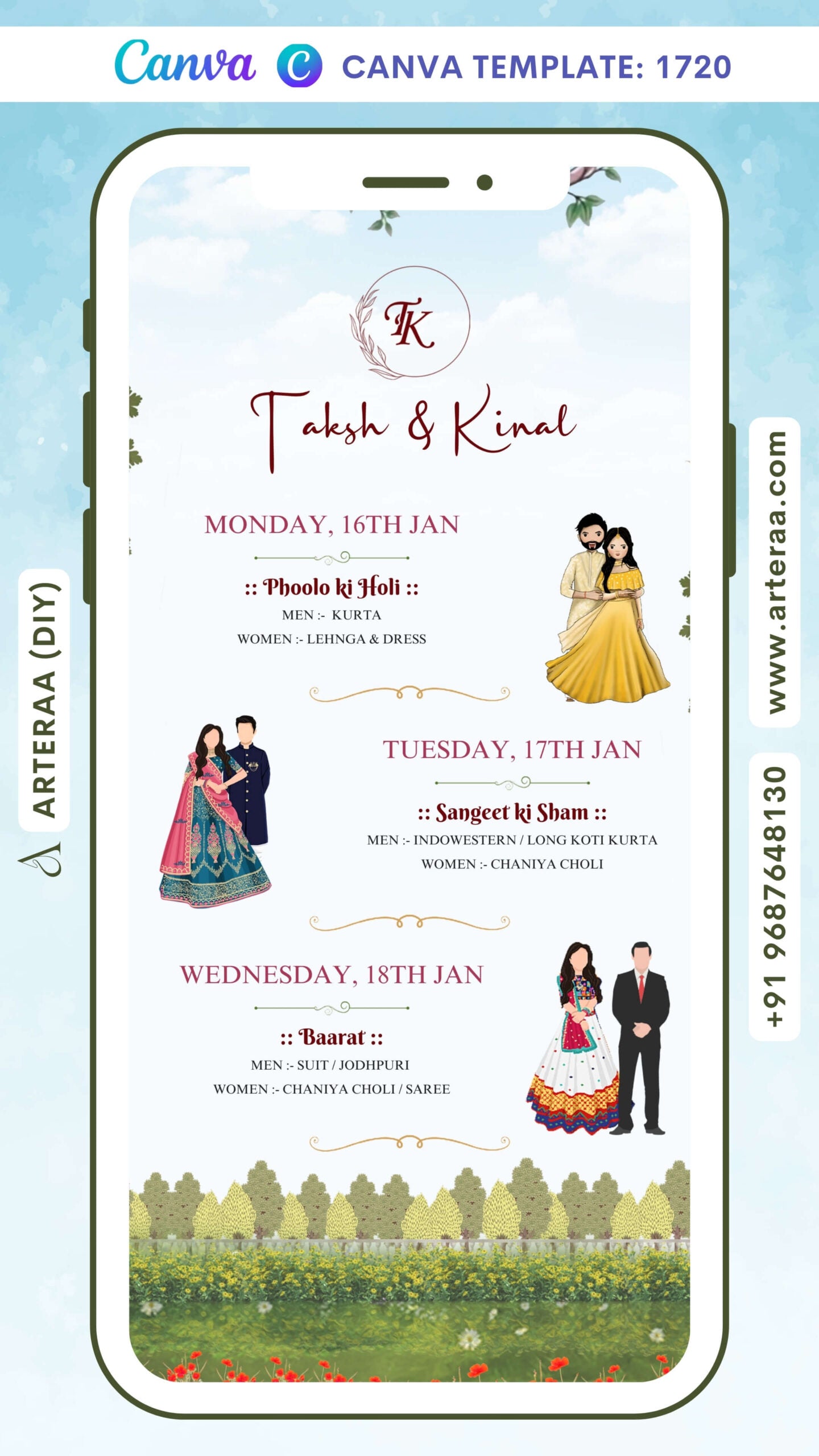 Wardrobe planner invitation card Canva Editable Template in english language with couple doodles, flowers, leaves as garden theme design 1720