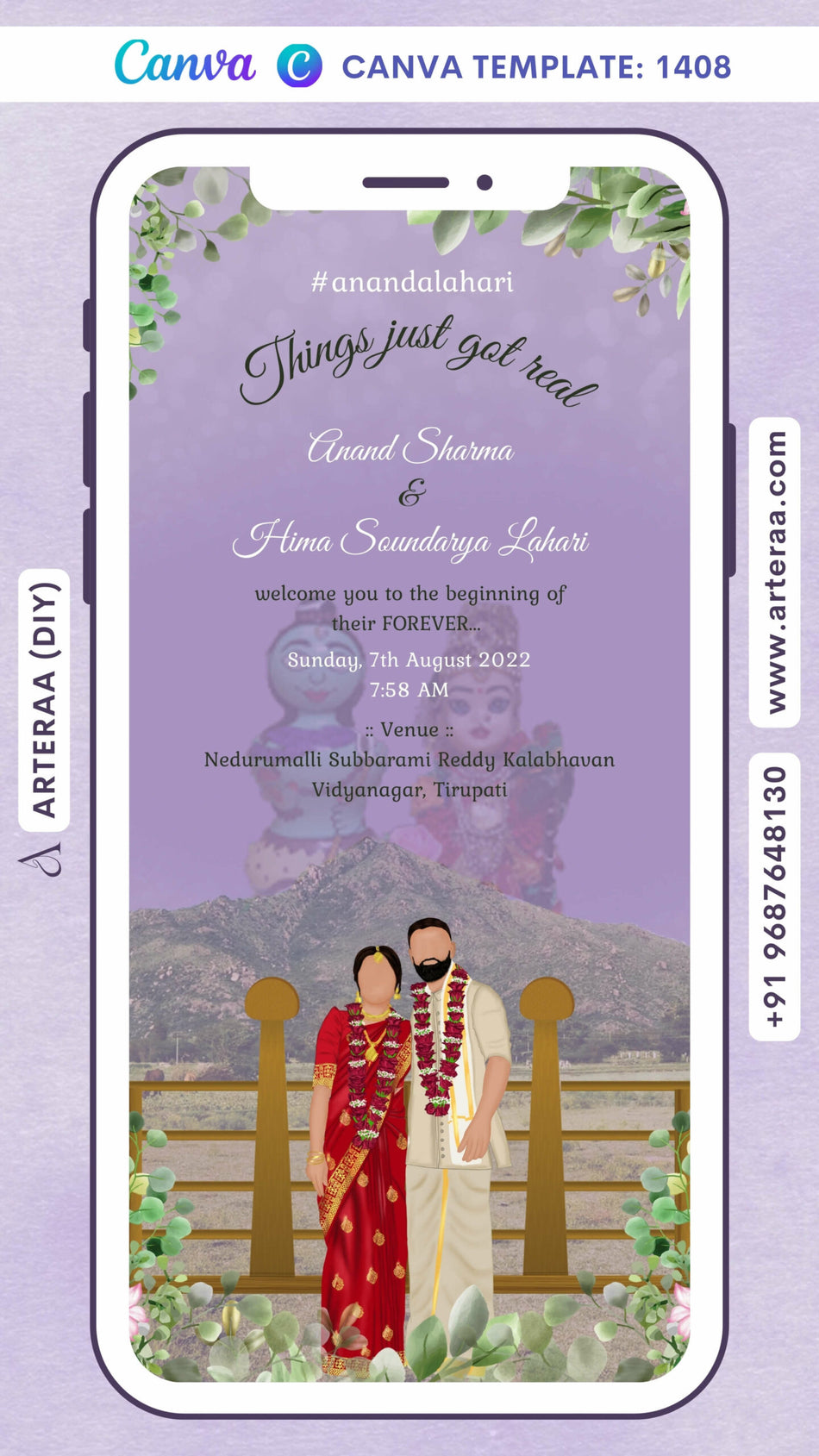 Stylish couple caricature invitation card Canva Editable Template for the wedding ceremony of Hindu south indian telugu family in english language with floral and mountain theme design 1408
