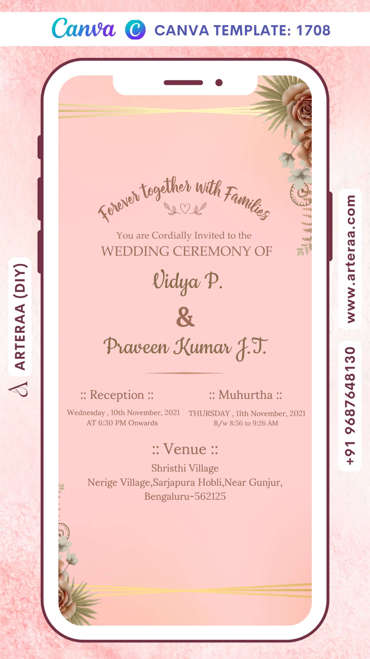 Wedding ceremony invitation card Canva Editable Template of hindu south indian kannada family in english language with minimalistic theme design 1708