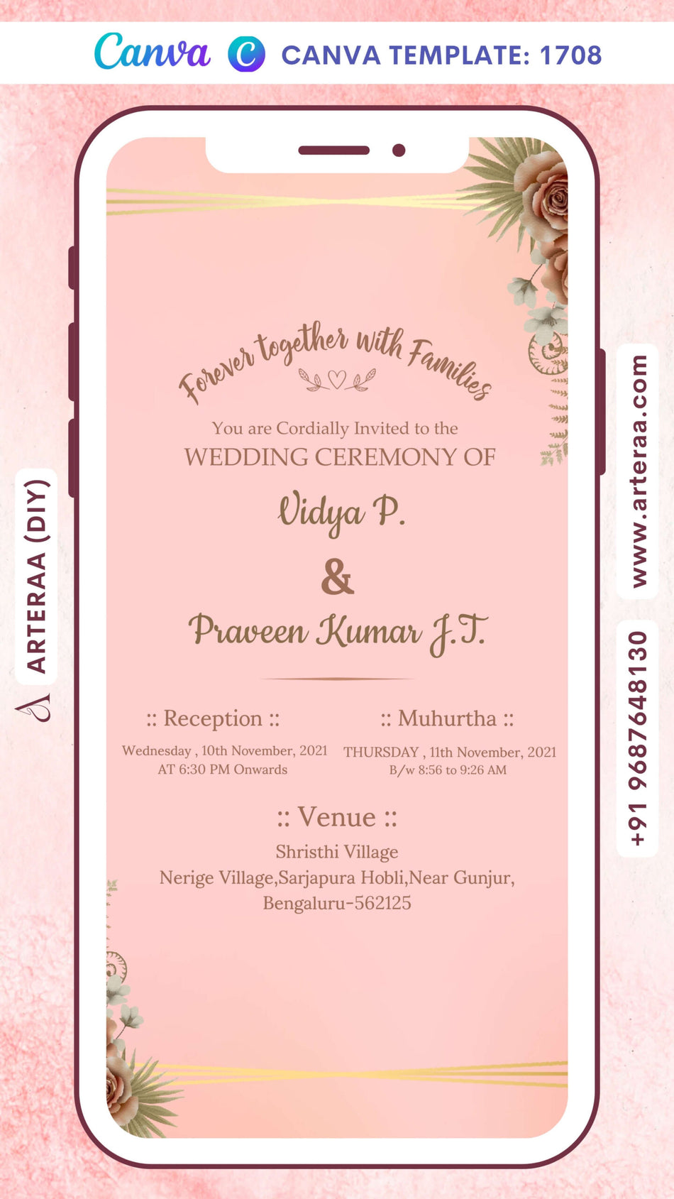 Wedding ceremony invitation card Canva Editable Template of hindu south indian kannada family in english language with minimalistic theme design 1708