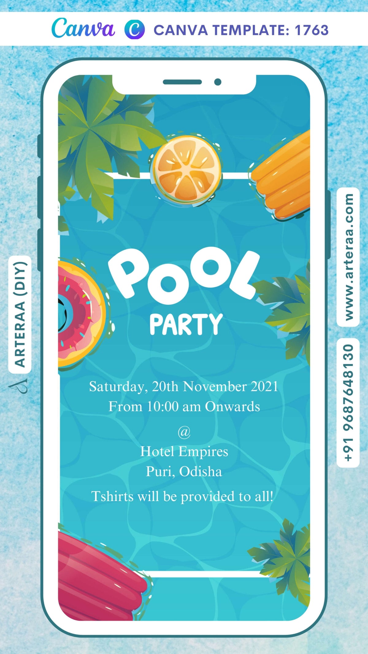 Pool Party invitation card Canva Editable Template in english language with leaves, swimming tube as elegant theme design 1763