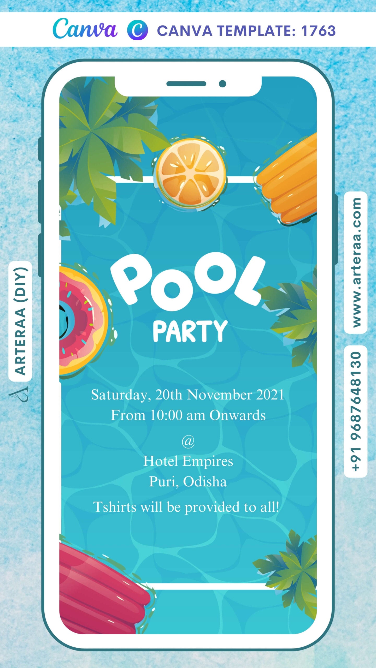 Pool Party invitation card Canva Editable Template in english language with leaves, swimming tube as elegant theme design 1763