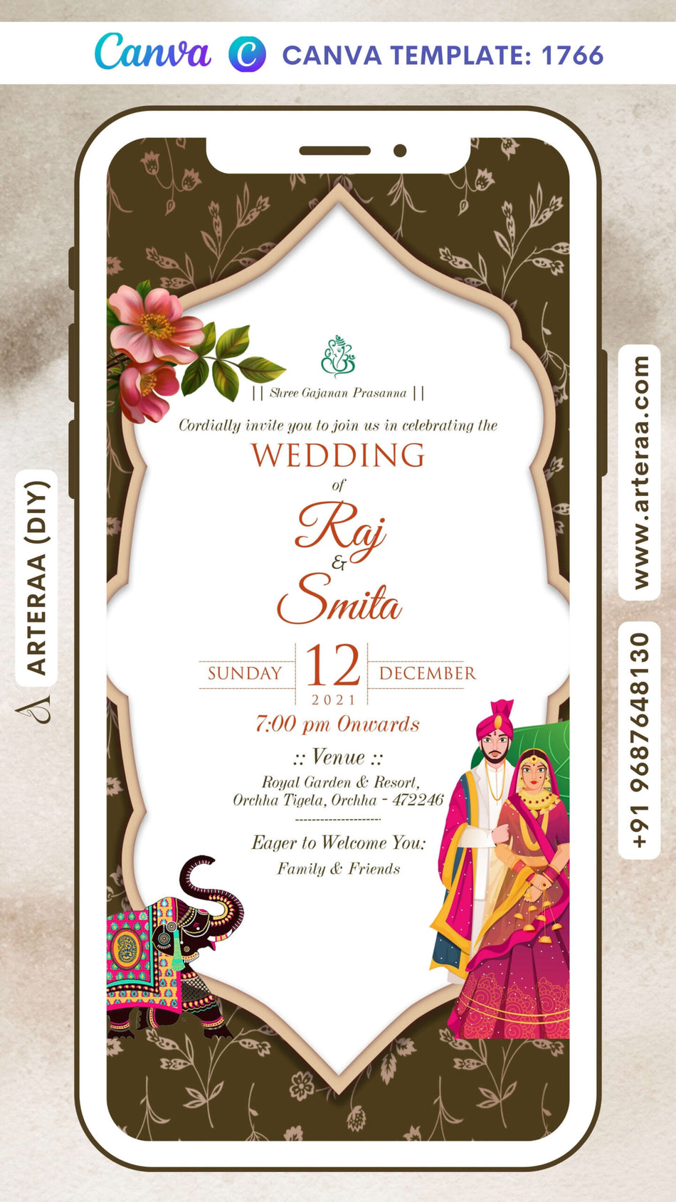 Wedding ceremony invitation card Canva Editable Template of hindu north indian family in english language with traditional theme design 1766