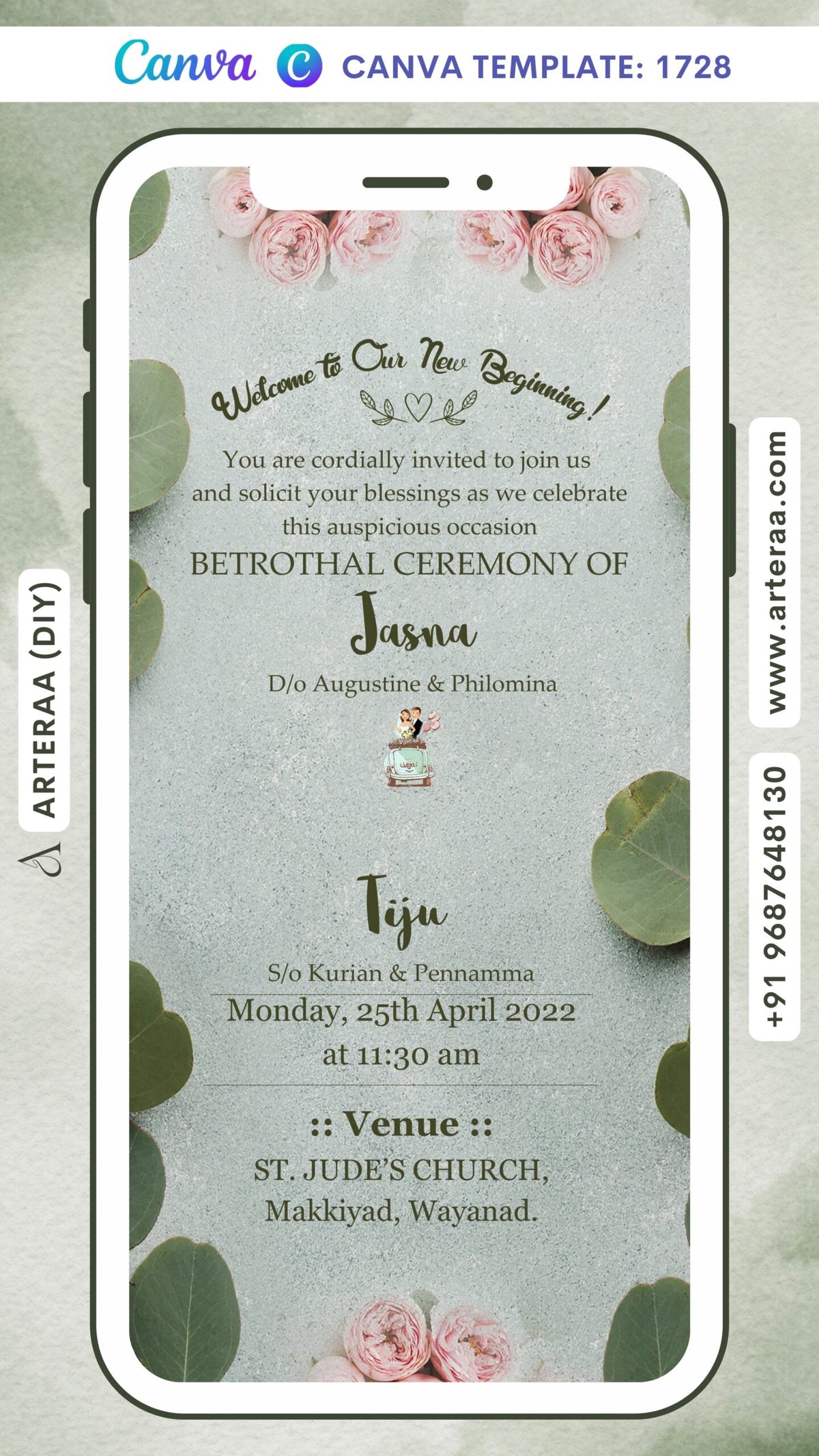 Betrothal ceremony invitation card Canva Editable Template for Catholic family in english language with flowers, romantic couple doodle as floral theme design 1728