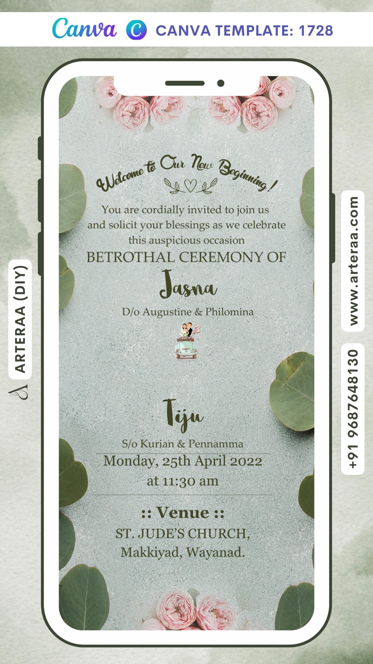 Betrothal ceremony invitation card Canva Editable Template for Catholic family in english language with flowers, romantic couple doodle as floral theme design 1728