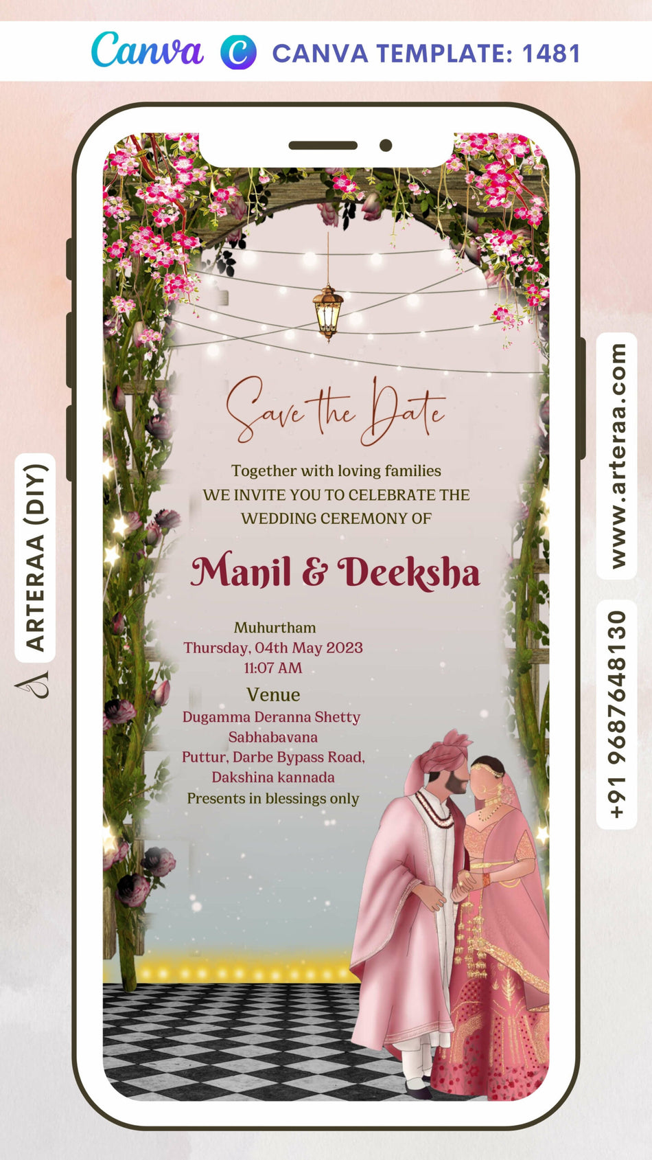 Dancing couple caricature invitation card Canva Editable Template for wedding ceremony of hindu south indian Kannada family in english language with floral theme design 1481