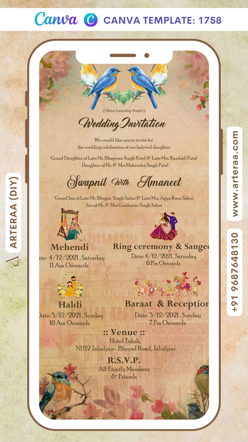 Wedding ceremony invitation card Canva Editable Template of hindu north indian family in english language with vintage theme design 1758