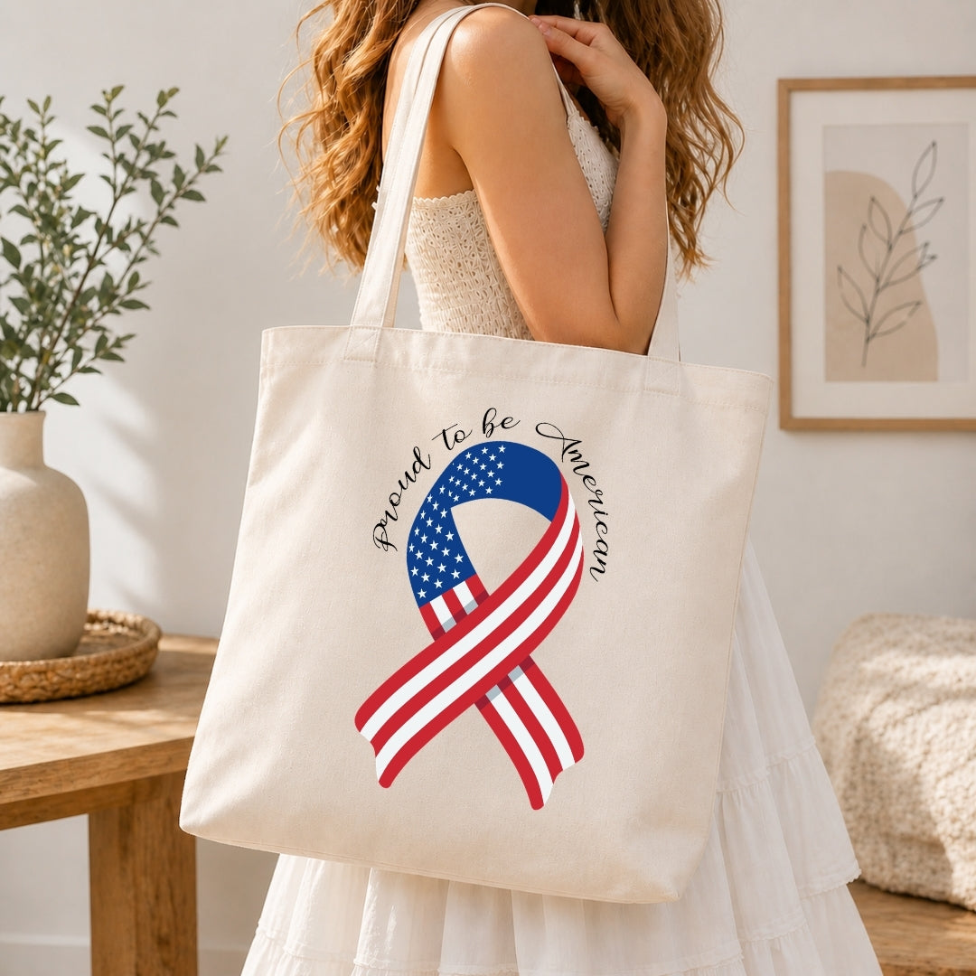 Tote bag with American flag design held by a person in a home setting