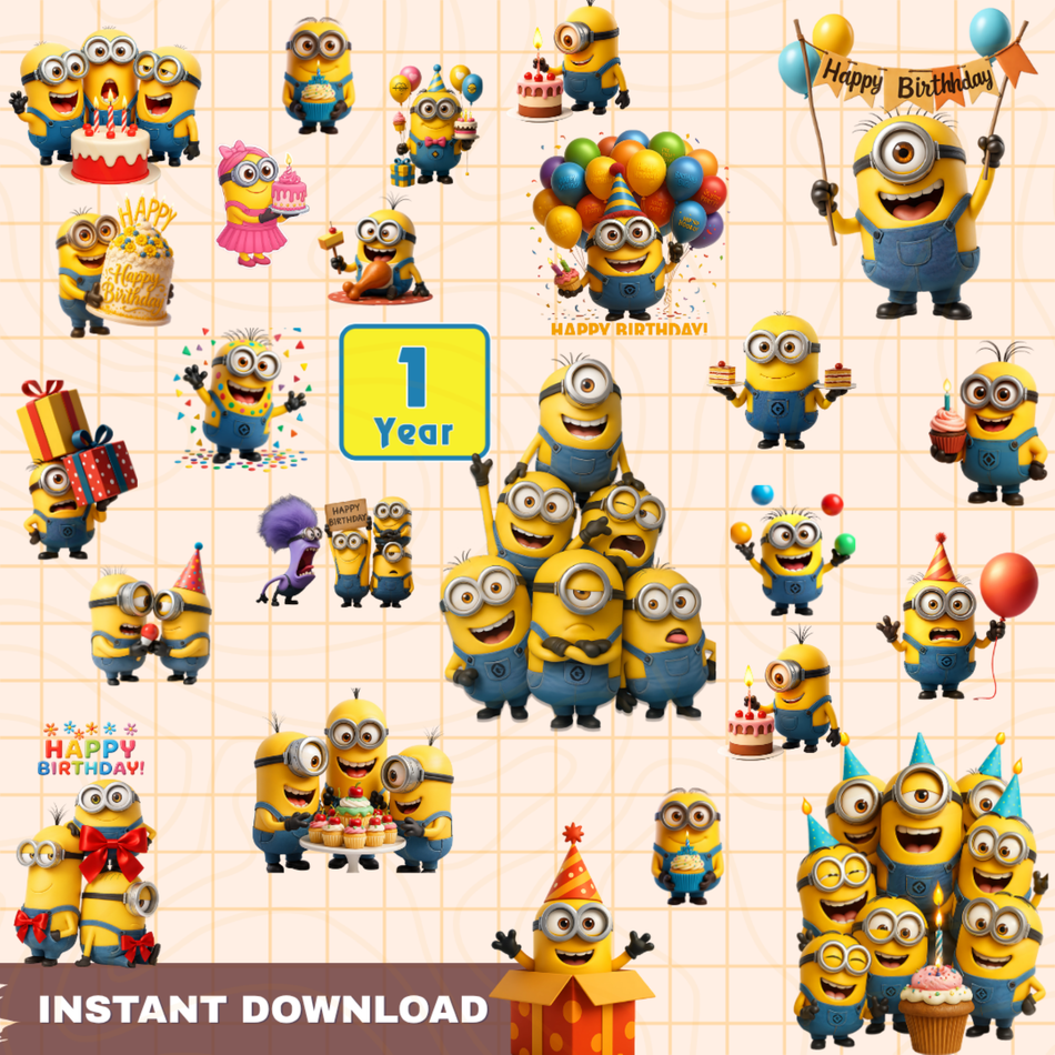 Minion Birthday Clipart PNG Bundle | 37 Funny Sublimation Designs | Party Graphics | Instant Download - C34