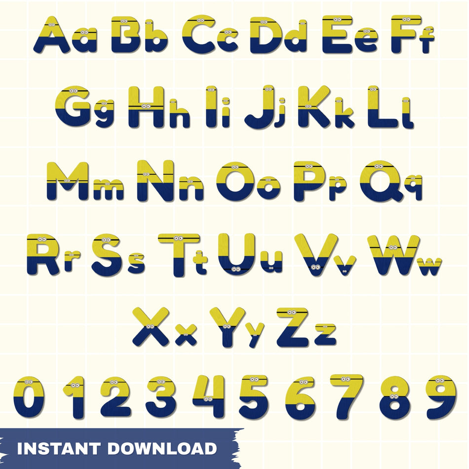 Minions Alphabet & Numbers PNG | 60+ Sublimation Font | Kids Letters & Digits | Instant Download - C23