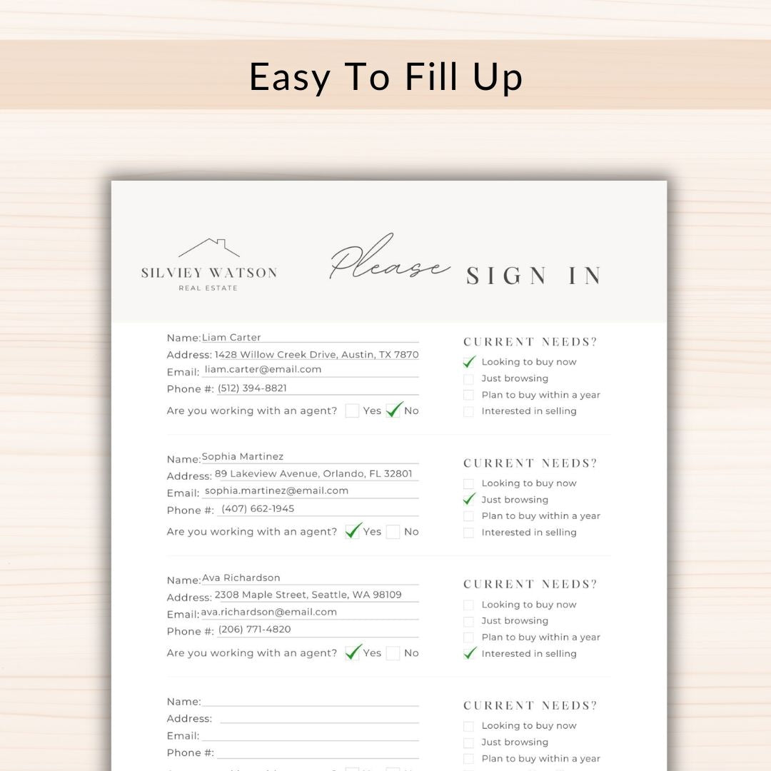 Real estate sign-in sheet with contact information and questions on a beige background