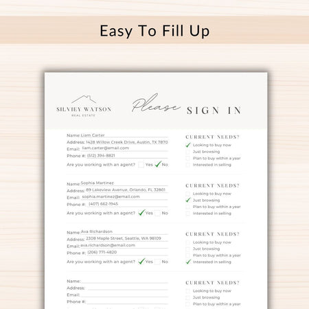 Real estate sign-in sheet with contact information and questions on a beige background