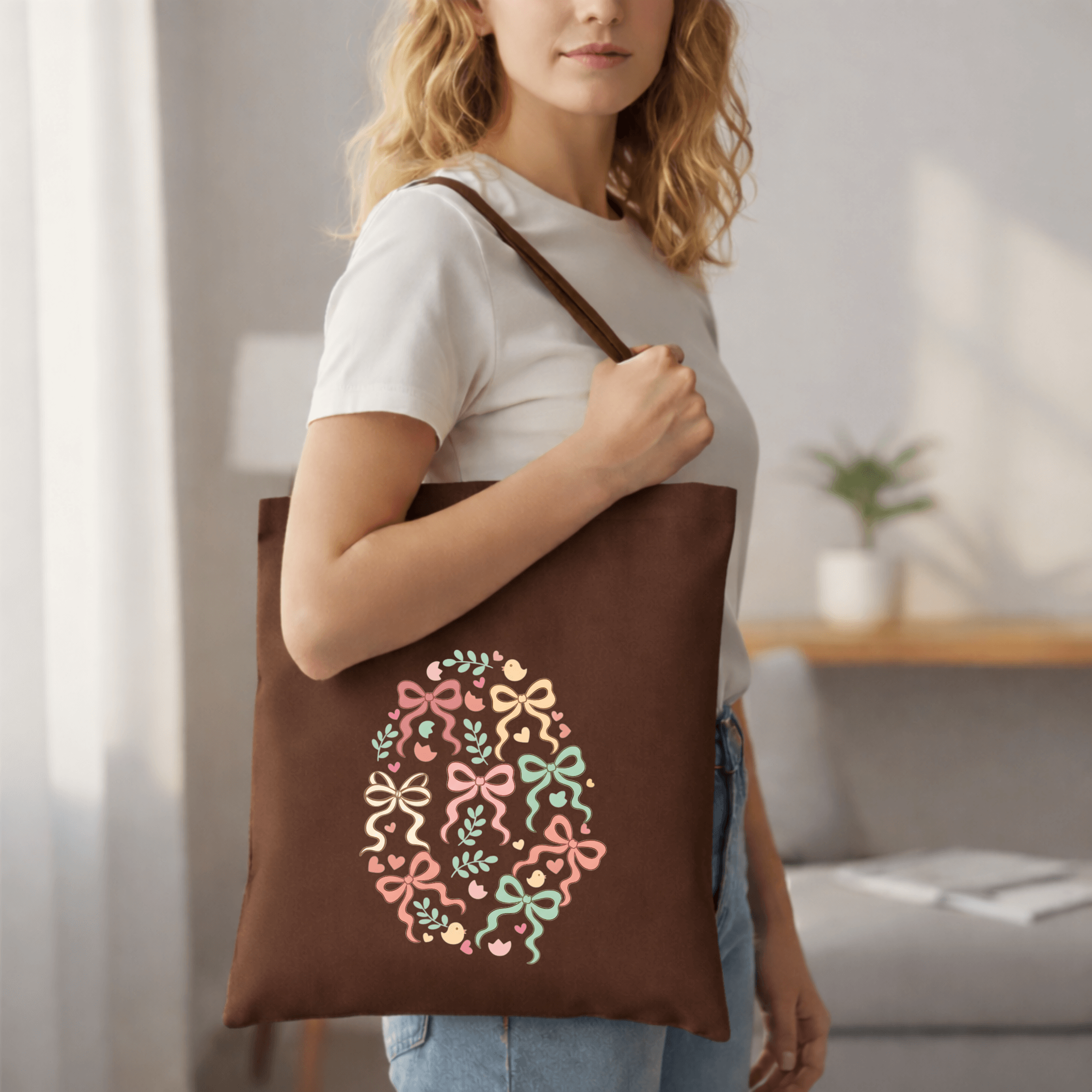 Woman holding a brown tote bag with decorative design in a living room setting