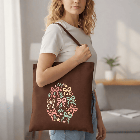 Woman holding a brown tote bag with decorative design in a living room setting