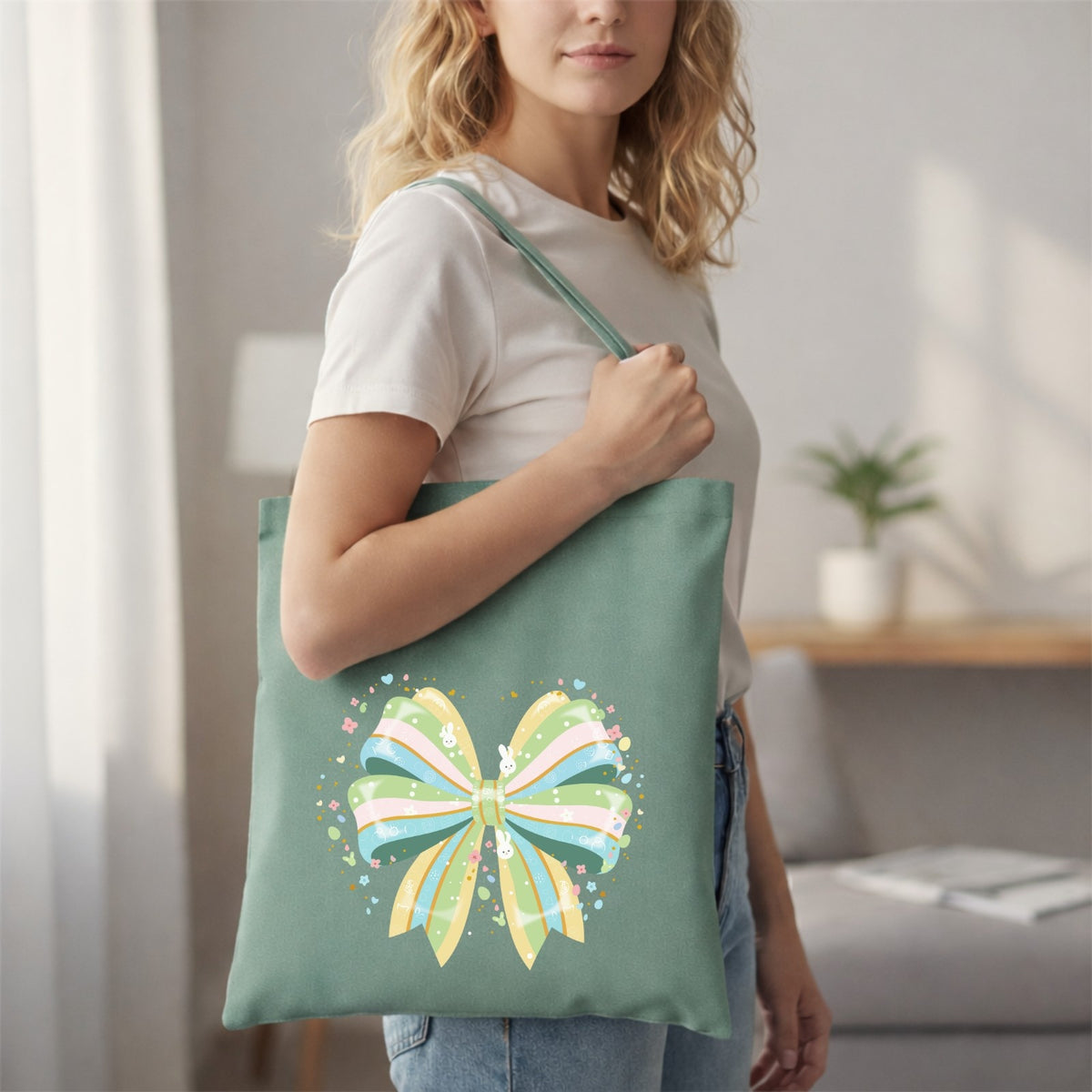 Woman holding a green tote bag with a colorful bow design in a room.